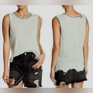 FREE PEOPLE Ocean Blue Linen Tank T Shirt Top - Distressed Vintage XS